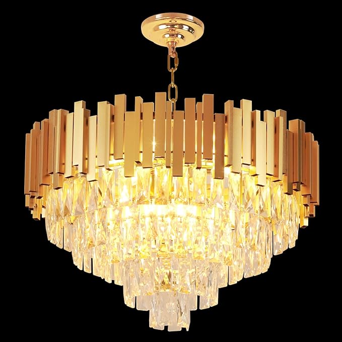 Depuley Modern Gold Crystal Chandelier: 9-Light 4-Tier Flush Mount Chandelier 12 Inch Luxury Round Hanging Pendant Light Fixture for Bedroom Dining Room Living Room Included Bulbs