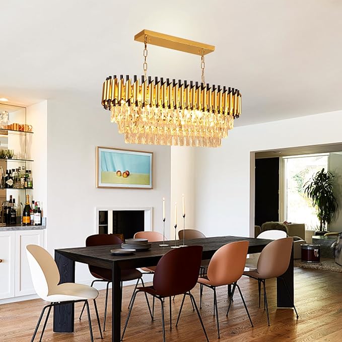 Depuley 31" Crystal Rectangle Chandelier: 3-Tier Gold Glass Crystal Chandelier Island Light Fixtures for Dining Room - 8-Light Linear Pendant Light for Kitchen Island Included Bulbs