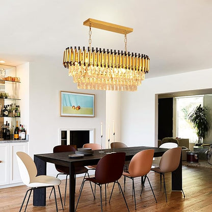 Depuley 31" Crystal Rectangle Chandelier: 3-Tier Gold Glass Crystal Chandelier Island Light Fixtures for Dining Room - 8-Light Linear Pendant Light for Kitchen Island Included Bulbs