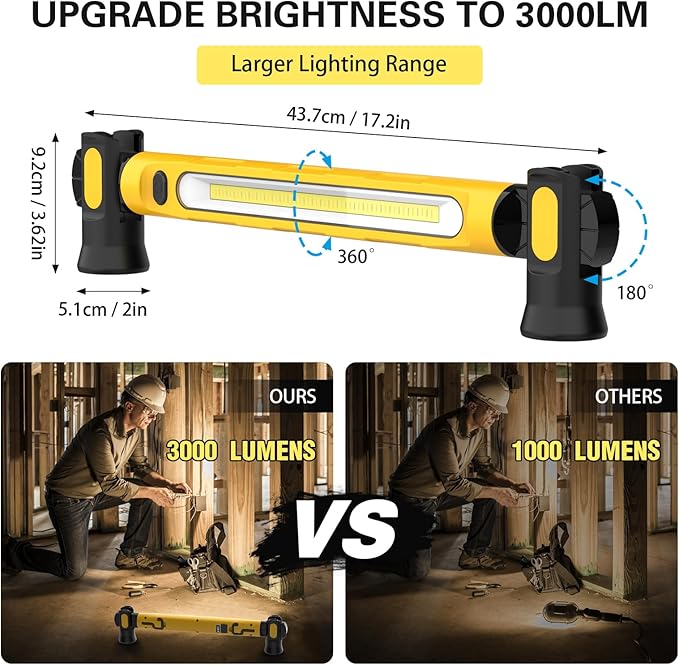 ERAY Magnetic LED Work Light Bar, 6000mAh /3000LM Rechargeable Inspection Lamp - 3 Color Modes 360° Adjustable USB Output IP55 Waterproof, Car Repairing Inspection Garage Workshop Emergency