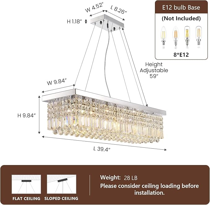 Modern Crystal Chandeliers for Dining Room Kitchen Island Light Fixture, 8-Light Rectangle Chandelier for Living Room, L39.4 Inch, Chrome Finish