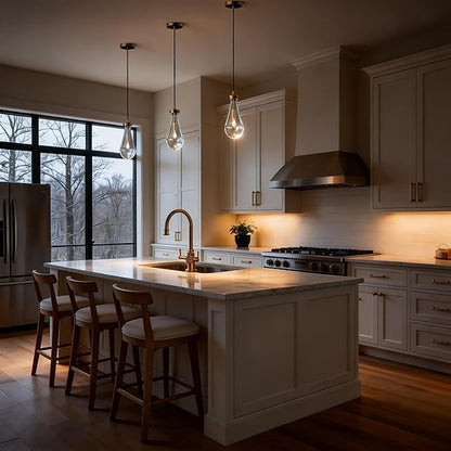 Raindrop Pendant Lights Kitchen Island Set of 3, Brass Teardrop Pendant Lights Dining Room Modern Gold Rain Pendants Glass Waterdrop Pendant Light for Island, Living Room,Included E12 Bulb