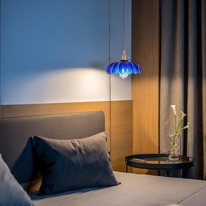 XZHGCEE Plug in Pendant Light: Bule Hanging Light Plug in Fixture Hanging Lamp, Glass Pendant Lighting for Kitchen Island, Bedroom, Dining Room, Living Room, E26 No Bulb