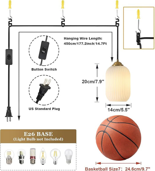 Glass Cylinder Pendant Light Antique Brass Plug in Hanging Light Fixture Vintage Gold Milk Glass Pendant Light Mid Century Modern Plug in Hanging Light