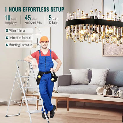 Siljoy Modern Crystal Chandelier, 16-Light Black Rectangular 2-Tiers K9 Crystal Raindrop Chandelier, Farmhouse Crystal Ceiling Light Fixture for Living Dining Room Kitchen Island L35.4 Inch