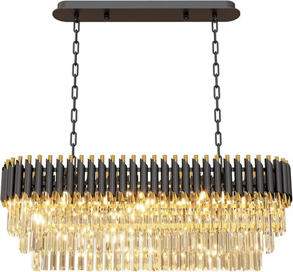 40" 10-Light Modern Black Gold Crystal Chandelier, Luxury Rectangular Raindrop Pendant Light Fixture for Dining Room, Kitchen Island, Living Room, Farmhouse Ceiling Lighting