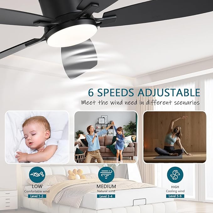 Ayaoty Ceiling Fans with Lights, 52 inch Low Profile Ceiling Fan with Light and Remote Control, Flush Mount, Reversible Motor, Dimmable, Noiseless, Black Ceiling Fan for Bedroom, Indoor/Outdoor Use