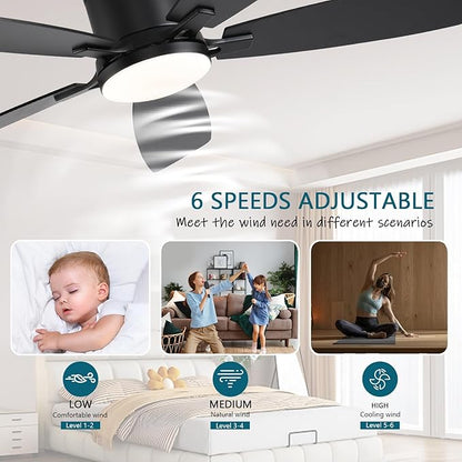 Ayaoty Ceiling Fans with Lights, 52 inch Low Profile Ceiling Fan with Light and Remote Control, Flush Mount, Reversible Motor, Dimmable, Noiseless, Black Ceiling Fan for Bedroom, Indoor/Outdoor Use
