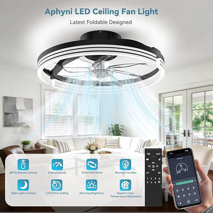 AIKVSXER Ceiling Fans with Lights,20 Inch Low Profile Fandelier with APP Control, Ultra Quiet,3CCT and 6 Wind Speeds for Bedroom, Living Room Modern Flush Mount Fan Light (Black, 20inch-Stripe Fold)