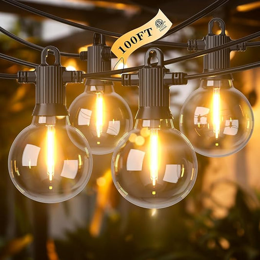Kawaya Outdoor String Lights 100 FT LED Patio Light with 50+2 Shatterproof Edison Globe Bulbs - IP65 Waterproof Dimmable Hanging Lights - 2700K Warm White Lighting for Outside Porch Deck Bistro Cafe