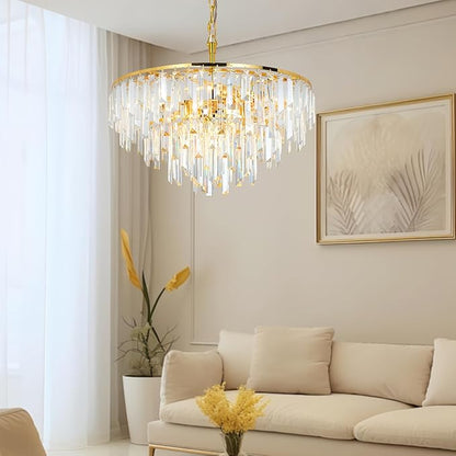 Gold Crystal Chandelier for Dining Room, 24" Modern Round Top K9 Crystal Chandeliers 5-Tier 8 Lights Adjustable Ceiling Hanging Pendant Light Fixture for Living Room Bedroom Foyer