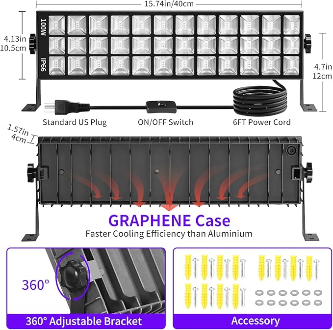 100W Black Light Bar IP66 Waterproof, LED Blacklight with Plug+Switch+6ft Cord, Outdoor Black lights, Light Up 1400 sq.ft, for Neon Glow Party Body Paint Fluorescent Poster Classroom Halloween, 3Pack