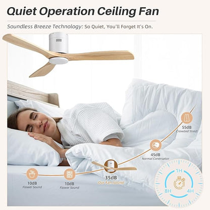 CACI Mall 52 Inch Solid Wood Ceiling Fan without Light, Flush Mount, 3 Blade, Low Profile, Modern, Outdoor/Indoor Ceiling Fans No Light for Bedroom/Farmhouse/Patio