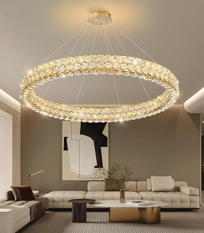 Modern Crystal Chandelier Large Ring Chandeliers for Living Room High Ceiling Chandeliers for Round LED Dimmable Ceiling Light Fixture for Foyer Lobby Bedroom Dining Room Gold