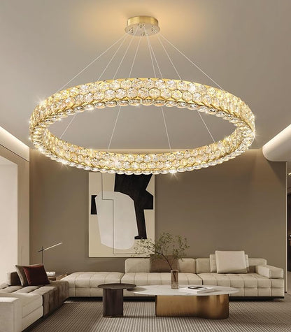 Modern Crystal Chandelier Large Ring Chandeliers for Living Room High Ceiling Chandeliers for Round LED Dimmable Ceiling Light Fixture for Foyer Lobby Bedroom Dining Room Gold