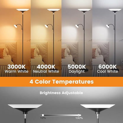 SIBRILLE Upgraded 2-in-1 Torchiere Floor Lamp, Dimmable Standing Lamp with Remote&Button Control, 34W Brightness Adjustable Floor Reading Light, Black Modern Corner Lamp for Living Room Bedroom Office