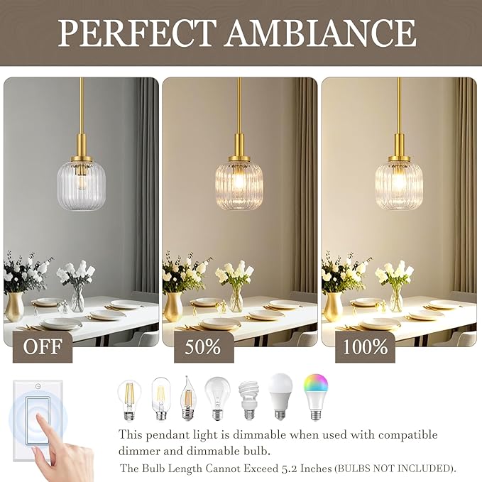 Brushed Gold Pendant Lights Kitchen Island 2 Pack, 5.9" Modern Glass Pendant Light with Clear Glass and Rods, Mini Hanging Lighting for Kitchen Sink Bathroom Bedroom, OS-YQ7749-2PBG