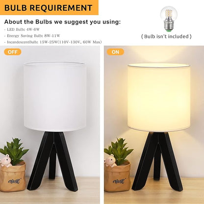 HAITRAL Wooden Tripod Table Lamp with Black Base, Small Table Lamp Bedsides Lamp with Linen Fabric Shade, Nightstand Lamp Cute Night Lamp for Bedroom,Kids Room,Nursery,Dorm