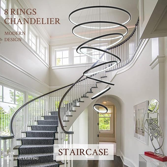 Modern LED Chandelier 8 Rings Dimmable Black High Ceiling Chandelier Foyer, Large LED Contemporary Pendant Lighting for Staircase Entryway Living Room, D35’’ 3000K-6500K