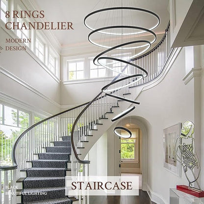 Modern LED Chandelier 8 Rings Dimmable Black High Ceiling Chandelier Foyer, Large LED Contemporary Pendant Lighting for Staircase Entryway Living Room, D35’’ 3000K-6500K