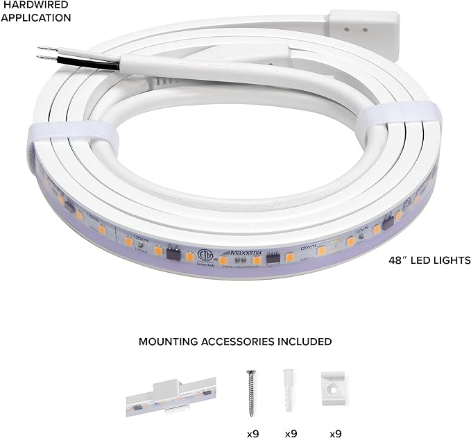 Maxxima 48 in. Hardwired LED Under Cabinet Strip Light, 1840 Lumens, 3000K Warm White, Kitchen and Living Room 120V White Cove Lighting, No Power Supply Needed
