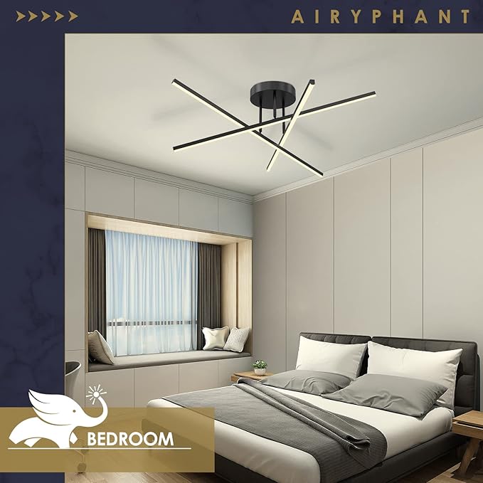 Modern LED Chandelier 24W Dimmable Black Semi Flush Mount Ceiling Light Fixture for Kitchen Dining Room Foyer Entry, 23.82"