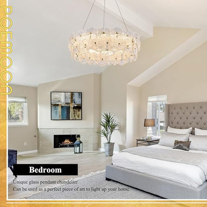 30" Luxury Glass LED Chandelier Modern Gold Dimmable 3000-6500K Large Lotus Leaf Chandeliers Light with Remote Control Contemporary for High Ceiling Living Dining Room Foyer Kitchen Entryway