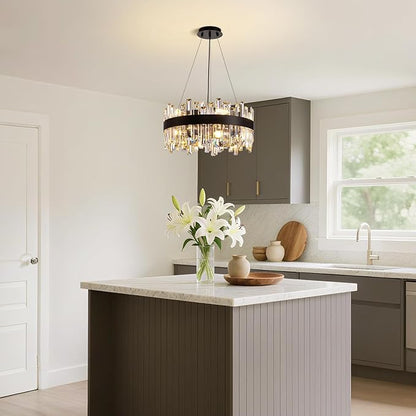 Modern Crystal Chandelier for Dining Room, 12-Light Luxury Black 2 Tiers Crystal Raindrop Chandelier, Contemporary Hanging Light Fixture for Living Room Entryway Foyer D19.7''