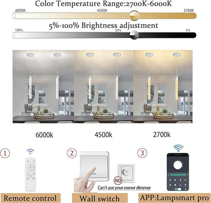 Modern Mini Crystal Pendant Light for Kitchen Island Dimmable LED Adjustable Crystal Column Chandelier Lighting Hanging Pendant Lighting 1 Light Silver