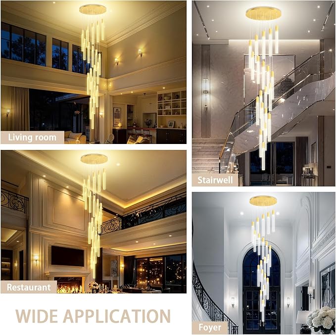 Modern Large Gold Crystal Chandelier Height Adjustable 20-Light High Ceiling Chandelier for Foyer Entryway Front Door Dimmable LED Ceiling Lighting Fixture