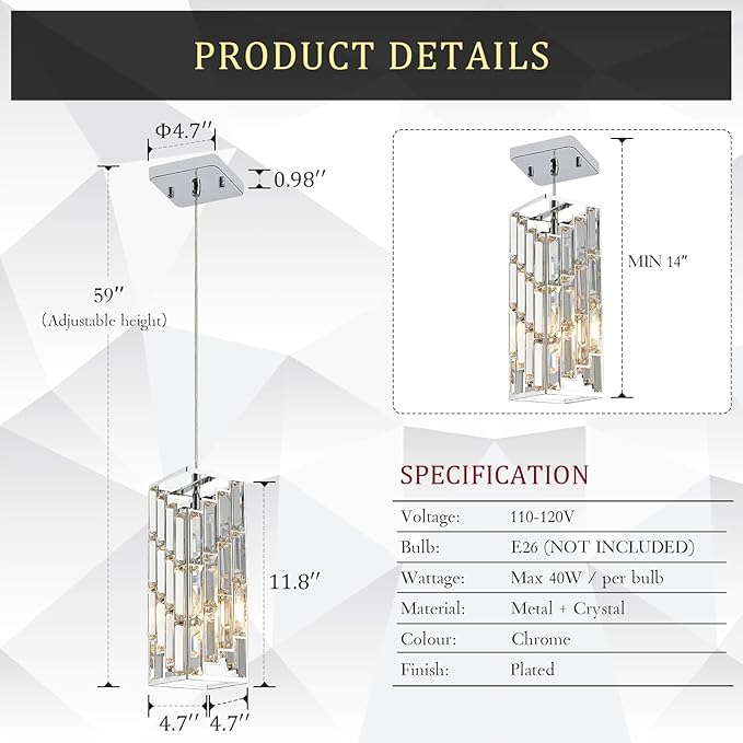 CATINER Chrome Crystal Pendant Lights 3 Pack, Mini Hanging Pendant Lighting Fixture with Adjustable Cord, Modern Kitchen Island Pendant Lights for Dining Room, Bedroom, Hallway, E26 Base