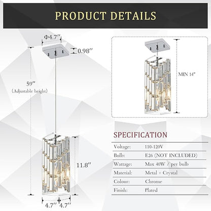 CATINER Chrome Crystal Pendant Lights 3 Pack, Mini Hanging Pendant Lighting Fixture with Adjustable Cord, Modern Kitchen Island Pendant Lights for Dining Room, Bedroom, Hallway, E26 Base
