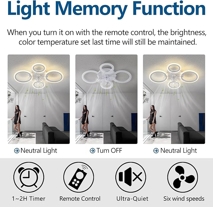 26" White Geometric Circular Ceiling Fan with Lights Remote Control, 3 Colors 6 Speeds Low Profile Ceiling Fan with Light for Kitchen Bedroom