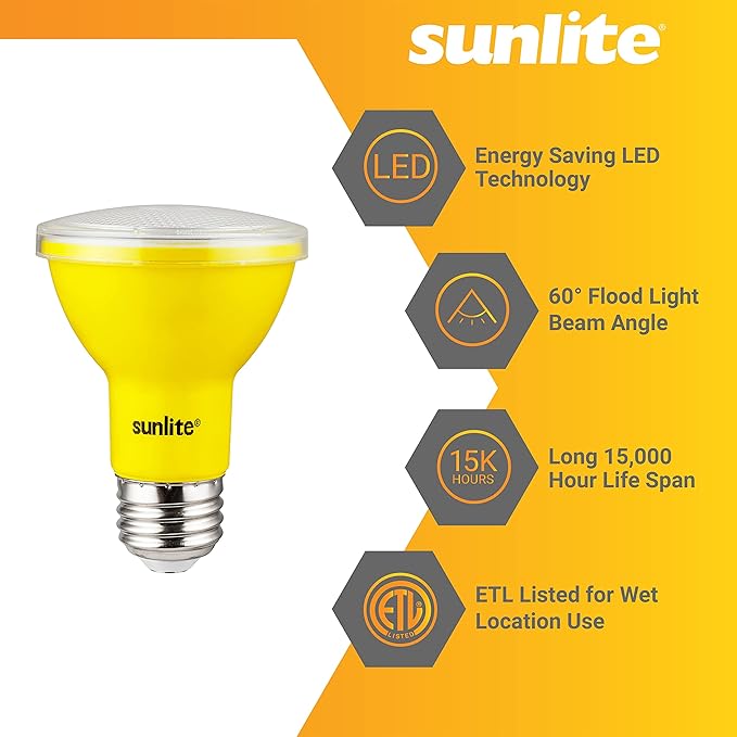 Sunlite 81466 LED PAR20 Colored Recessed Light Bulb, 3 Watt (50w Equivalent), Medium (E26) Base, Floodlight, ETL Listed, Yellow, 1 Count