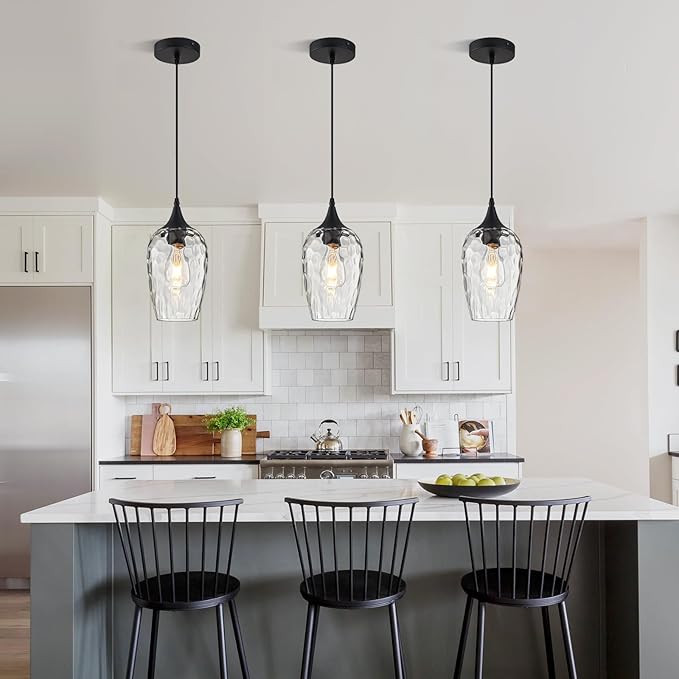 Glass Pendant Lights Kitchen Island, Black Pendant Light Fixtures with Hand-Blown Clear Glass Modem Farmhouse Hanging Light for Kitchen Sink Dining Room Bedroom