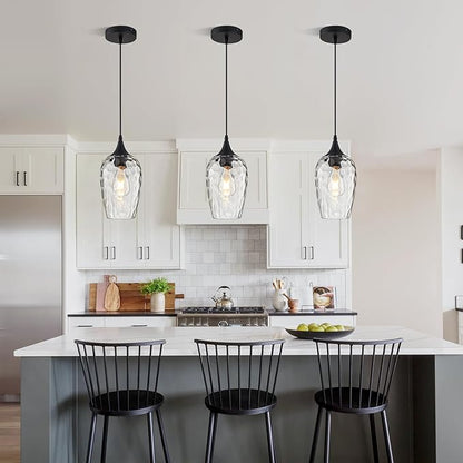 Glass Pendant Lights Kitchen Island, Black Pendant Light Fixtures with Hand-Blown Clear Glass Modem Farmhouse Hanging Light for Kitchen Sink Dining Room Bedroom