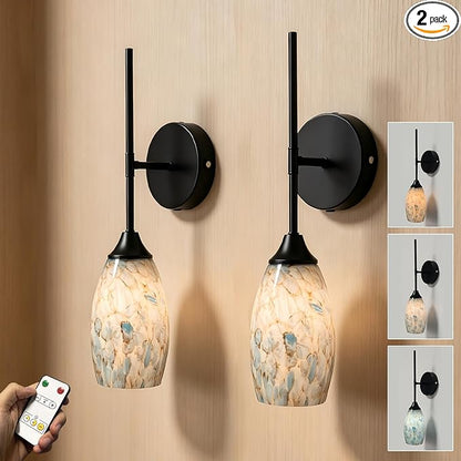 Wireless Battery Operated Wall Sconce Set Of 2，Rechargeable Wall Lights with Remote Control, Dimmable 3000K–6000K, Wireless Wall Sconces With Industrial Hand-Blown Art Glass for Bedroom Living Room