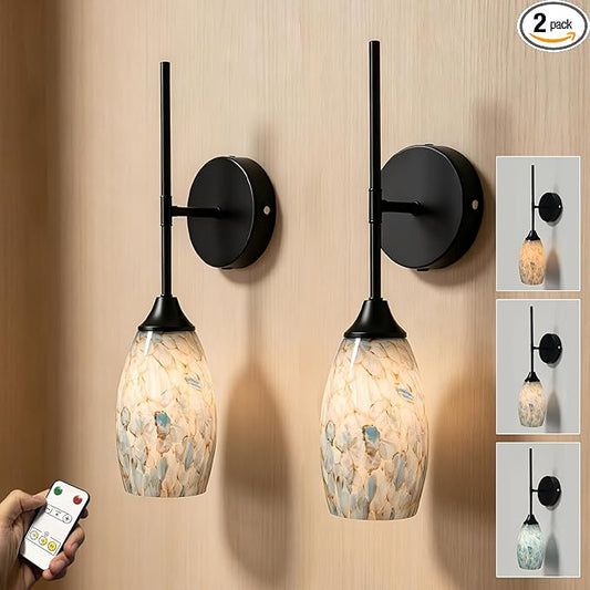Wireless Battery Operated Wall Sconce Set Of 2，Rechargeable Wall Lights with Remote Control, Dimmable 3000K–6000K, Wireless Wall Sconces With Industrial Hand-Blown Art Glass for Bedroom Living Room