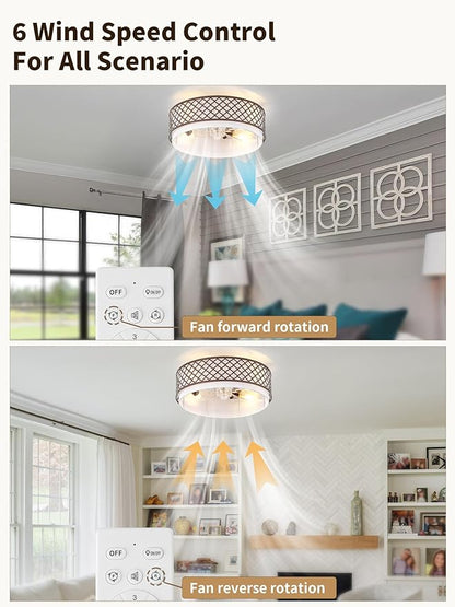 20" Farmhouse Rustic Flush Mount Ceiling Fan with Light, Brown Ceiling Fans with Lights Low Profile, Enclosed with Remote Control 6 Speeds for Living Room, Bedroom, Nursery
