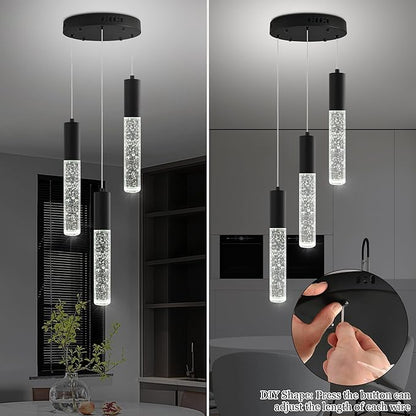 Modern Crystal Chandelier for Kitchen Island 3-Lights, Elegant Black LED Bubble Pendant Lighting Fixture for Dining Room Bedroom Entryway