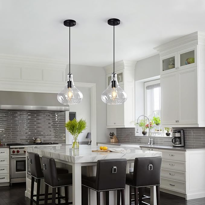 Modern Glass Pendant Light 9.44 in Clear Hammered Glass Shade Black Farmhouse Island Pendant Lights for Kitchen Pendant Lighting Over Sink Dining Room Bedroom