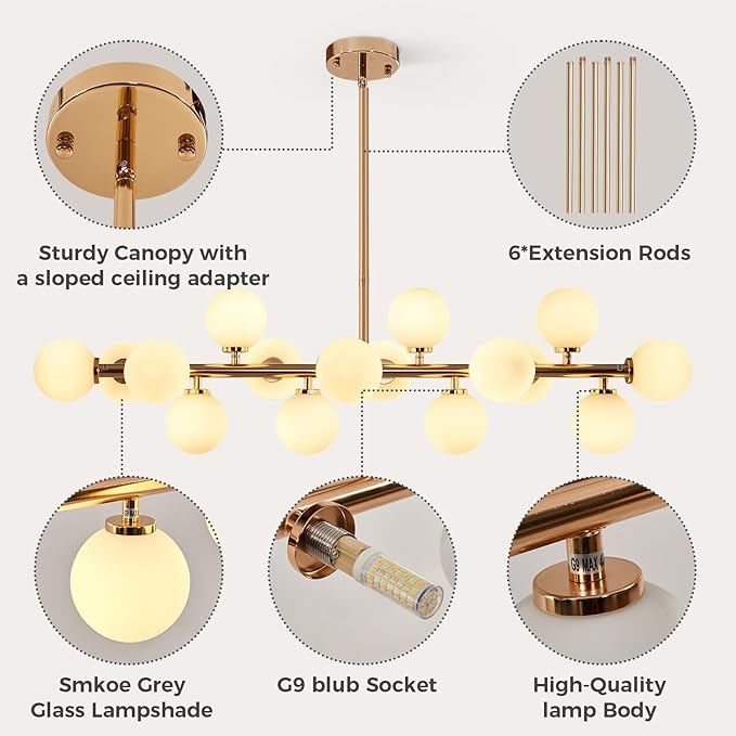 Grey Linear Chandelier, Modern Sputnik Ceiling Fixture with Adjustable Height & Dimmable Glass Shades for Dining Room, Office, Mid-Century Design