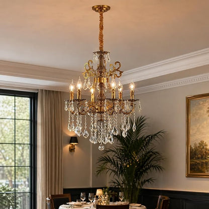 Vintage 6 Arms Crystal Chandelier Candle Light Fixture for Dining Room Living Room Bedroom Hallway Entryway Antique Gold Finish (23"-6 Lights)