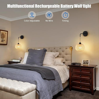 Vitnucrol Battery Operated Wall Sconce Set of Two, Bamboo Rechargeable Boho Wireless Sconces with Remote, Dimmable Non-Hardwired Farmhouse Wall Lights for Bedroom Living Room (Black, 8 inches)