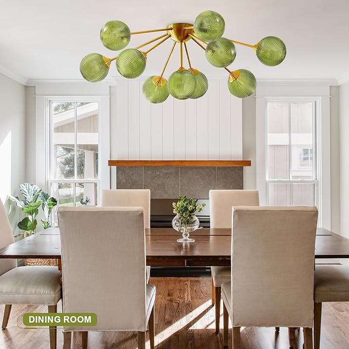 10-Light Gold Sputnik Chandelier, Mid Century Modern Ceiling Light, Green Glass Globes Pendant Lighting Fixture for Dining Room Living Room Kitchen Foyer Entryway Hallway