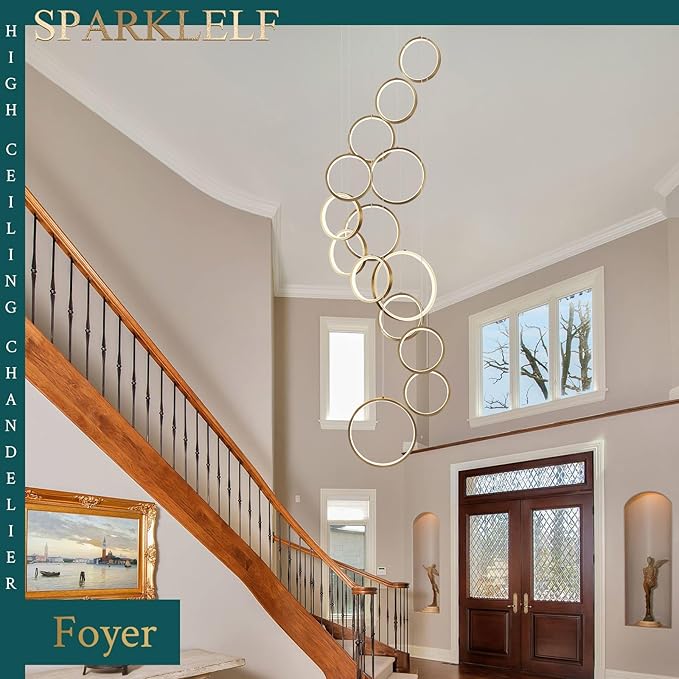 14 Rings Modern LED Chandelier for High Ceiling Dimmable Gold Contemporary Foyer Long Chandelier for Entryway, Long Pendant Light Fixture Staircase Dining Living Room, 3000-6500K