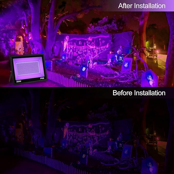 200W IP66 Blacklight Flood Light for Party + 10ft Cable, Waterproof Outdoor LED for Glow in The Dark, Blacklight Party, Christmas, Birthday, Dance, 2 Pack