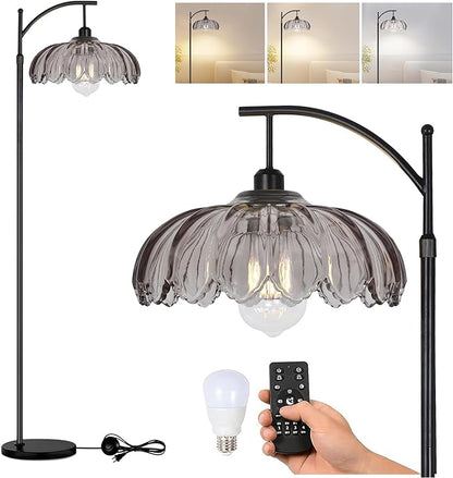 AHDWDW Arc Floor Lamps for Living Room with Remote,Black Dimmable Floor Lamp with Gray Glass Shade,Unique Vintage Flower Standing Tall Lamp,Modern Mid Century Floor Lamps for Bedroom Office Corner