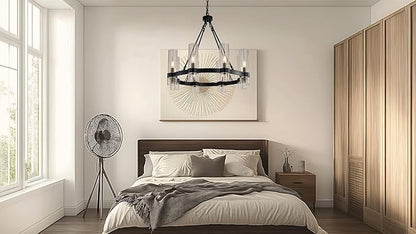 26 Inch Black Wagon Wheel Chandelier with Glass Shade, 8 Lights, Modern Farmhouse Style, Ideal for Dining Room, Kitchen, Entryways