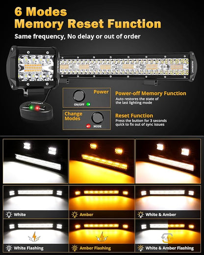 Auxbeam 6 Modes Amber White Series, 4" LED Pods with 20" LED Light Bar Combo Set, Dual Color Strobe Flash/Warning/Signal Spot Flood Combo Auxiliary Offroad Fog Lights, 3 Packs